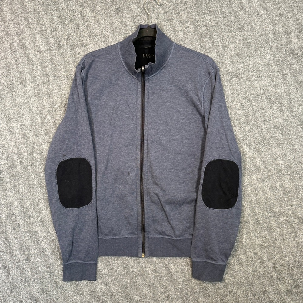 Hugo Boss Sweatshirt Mens Large Blue Elbow Patches Mock Neck Full Zip Up Fleece‎